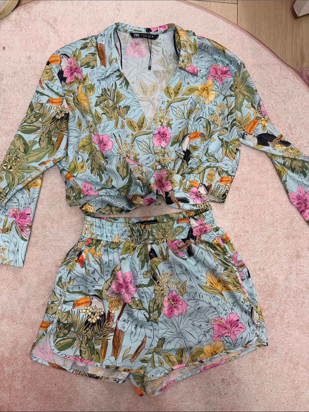 Zara Blue Floral Wrap Crop Top & Shorts Set with Pink and Yellow Blooms
